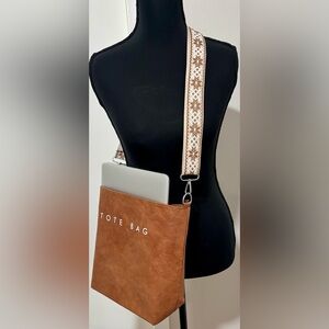 Brown Faux Leather Crossbody Tote • Adjustable Woven Strap • Zipper Closure